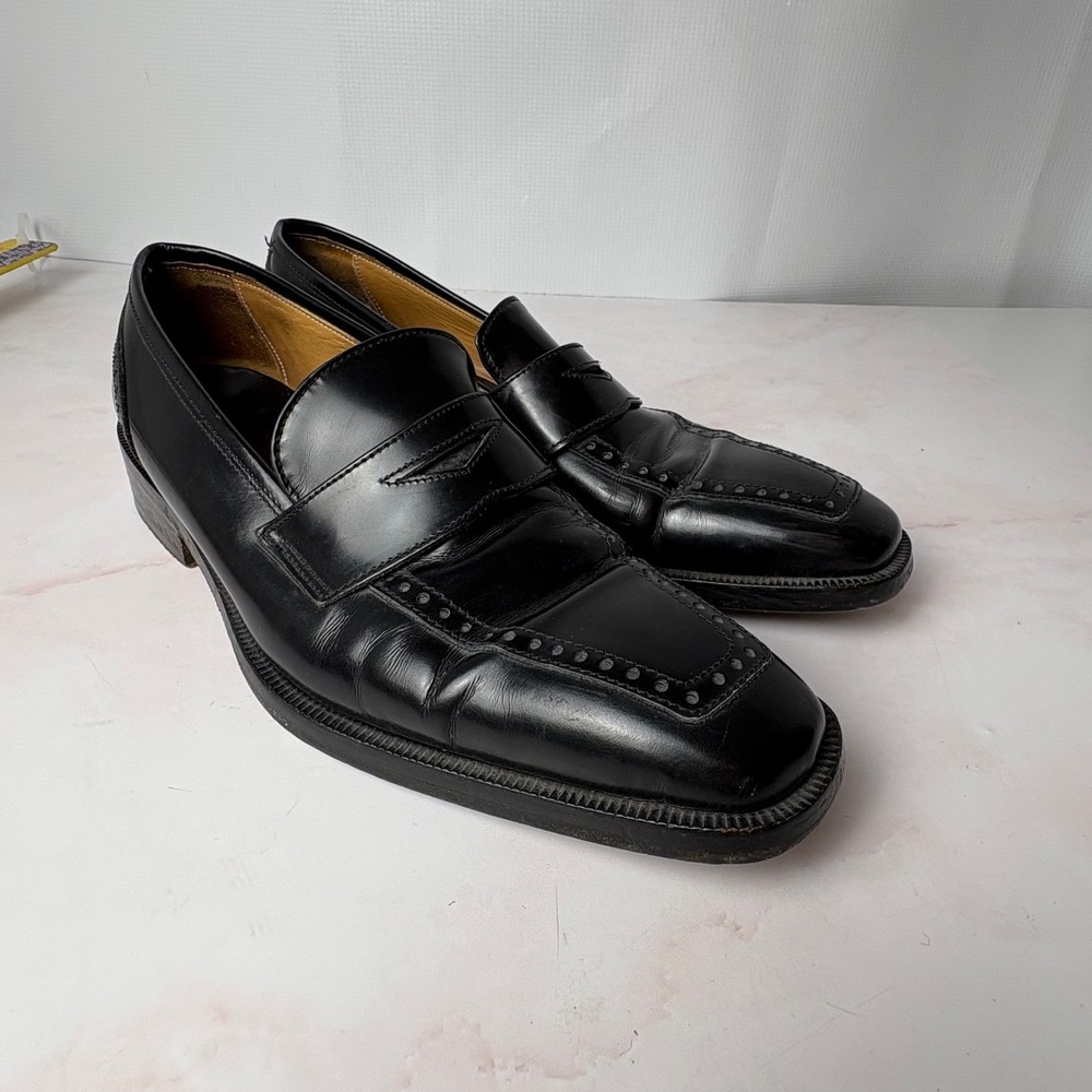 Santoni Fatte a Mano Handmade in Italy Men Black Leather Square Toe Loafers 37.5